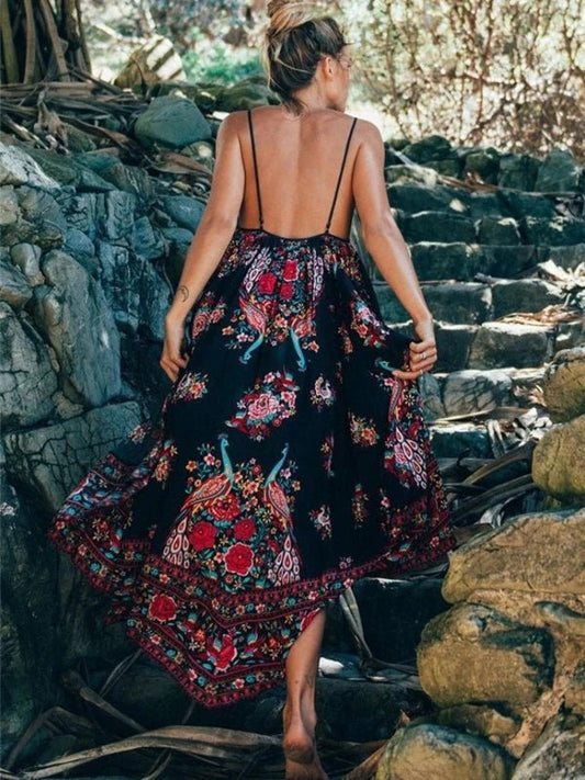 Floral Spaghetti Strap Backless Summer Long Dress - SHExFAB