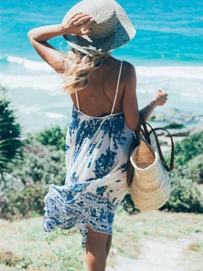 Floral Spaghetti Strap Backless Summer Long Dress - SHExFAB