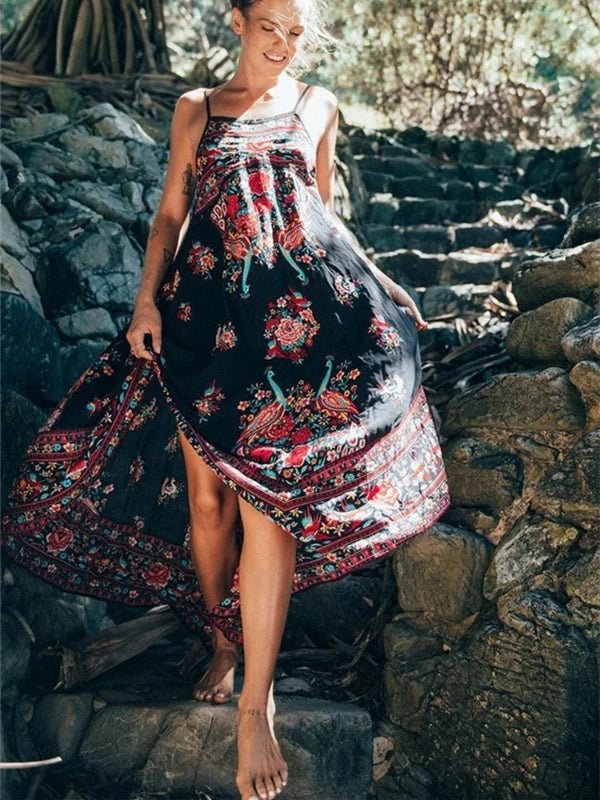 Floral Spaghetti Strap Backless Summer Long Dress - SHExFAB