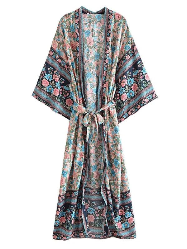 Floral V - Neck Batwing Sleeve Boho Kimono Cover Up - SHExFAB