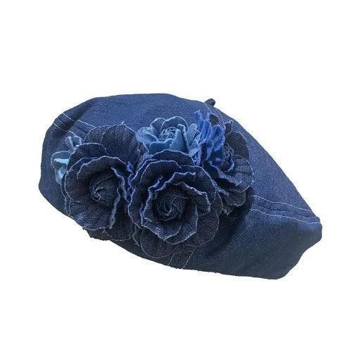 Flower Applique Blue Denim Beret - SHExFAB