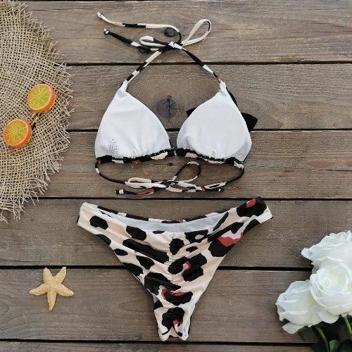 Flower Applique Leopard Print Bikini Bra and Bottom Set - SHExFAB