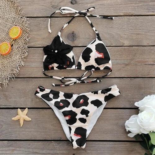 Flower Applique Leopard Print Bikini Bra and Bottom Set - SHExFAB