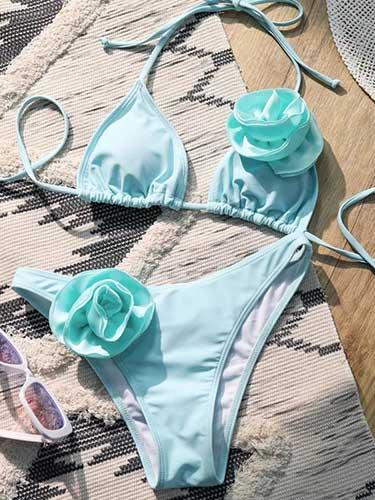 Flower Applique Striped Tie - Up Bikini Set - SHExFAB