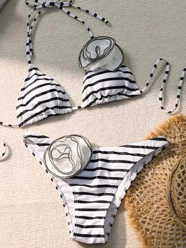 Flower Applique Striped Tie - Up Bikini Set - SHExFAB