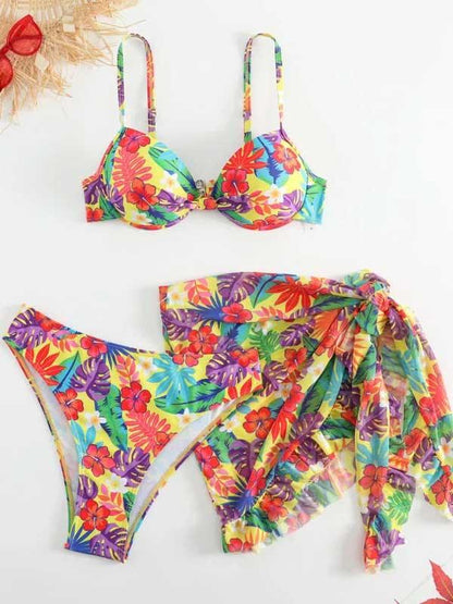 Flower Push Up 3 Piece Swimsuit with Cover Up - SHExFAB