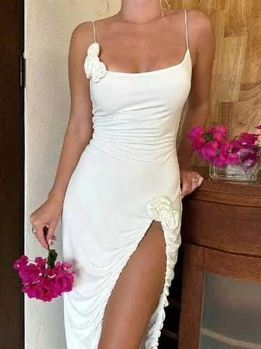 Flower Split Long White Dress - SHExFAB