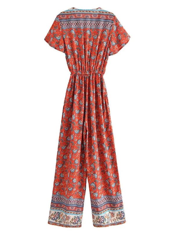 Flying Sleeve Elastic Waist Red Floral Button Jumpsuit - SHExFAB