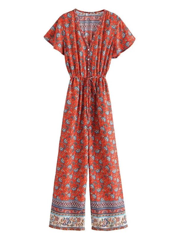 Flying Sleeve Elastic Waist Red Floral Button Jumpsuit - SHExFAB