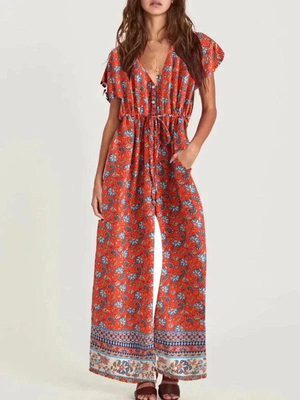 Flying Sleeve Elastic Waist Red Floral Button Jumpsuit - SHExFAB