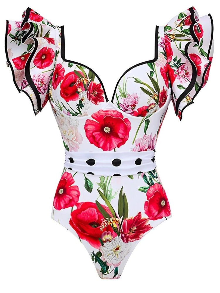 Flying Sleeve One Piece Vintage Floral Swimsuit - SHExFAB