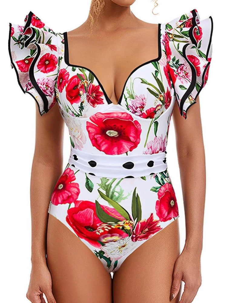 Flying Sleeve One Piece Vintage Floral Swimsuit - SHExFAB