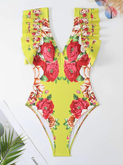 Flying Sleeve One Piece Vintage Floral Swimsuit - SHExFAB