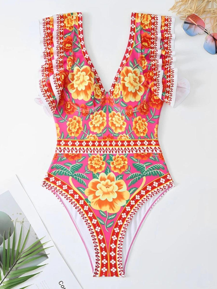 Flying Sleeve One Piece Vintage Floral Swimsuit - SHExFAB