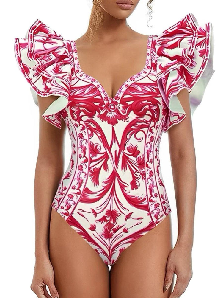 Flying Sleeve One Piece Vintage Floral Swimsuit - SHExFAB