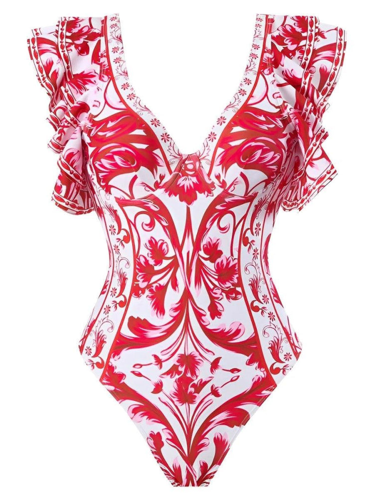 Flying Sleeve One Piece Vintage Floral Swimsuit - SHExFAB