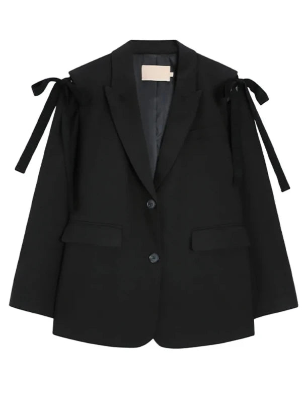 French Bow Notched Collar Two Button Black Blazer - SHExFAB