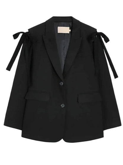 French Bow Notched Collar Two Button Black Blazer