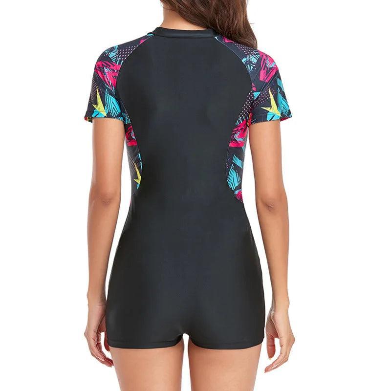 Front Zipper Short Sleeve Shorts Rash Guard Swimsuit - SHExFAB