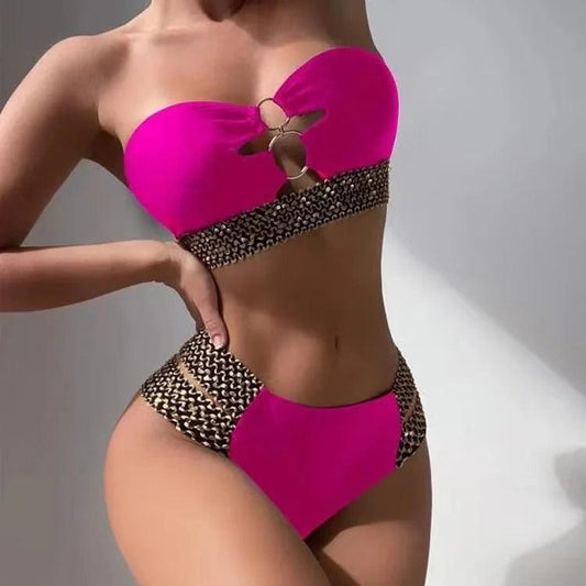 Gold Bandage Hot Pink Bandeau Bikini Set - SHExFAB