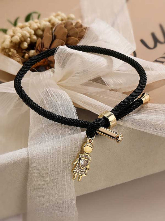 Gold - Plated Zircon Charm Adjustable Rope Bracelet - SHExFAB