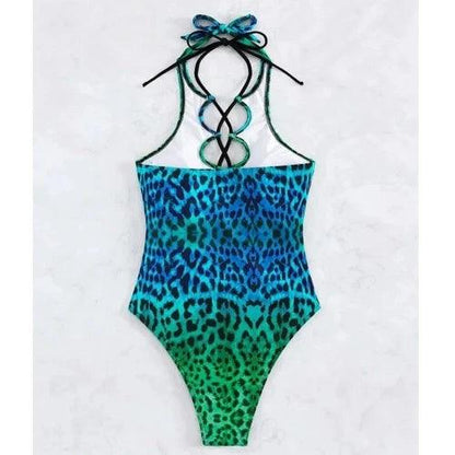 Gradient Animal Print Lace - Up Cut Out Swimsuits - SHExFAB