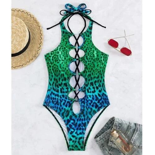 Gradient Animal Print Lace - Up Cut Out Swimsuits - SHExFAB