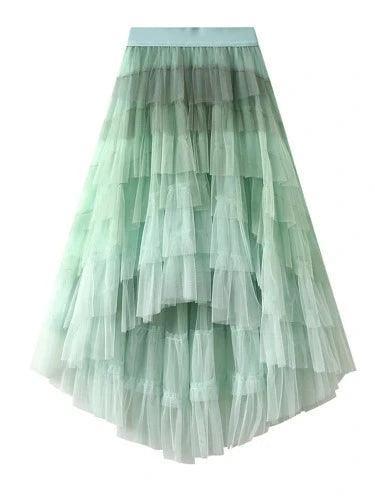 Gradient Irregular Ruffle Layered Tulle Maxi Skirt - SHExFAB