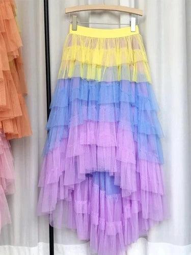 Gradient Irregular Ruffle Layered Tulle Maxi Skirt - SHExFAB