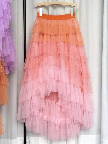 Gradient Irregular Ruffle Layered Tulle Maxi Skirt - SHExFAB