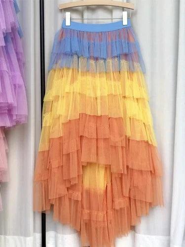 Gradient Irregular Ruffle Layered Tulle Maxi Skirt - SHExFAB