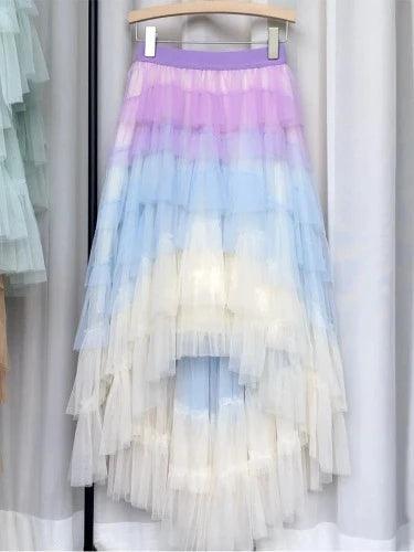 Gradient Irregular Ruffle Layered Tulle Maxi Skirt - SHExFAB