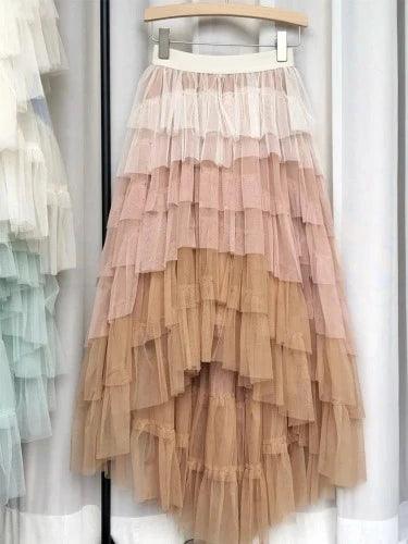 Gradient Irregular Ruffle Layered Tulle Maxi Skirt - SHExFAB