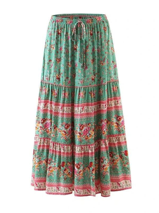 Green Floral Bohemian Skirt with Ruffle at the Bottom - SHExFAB