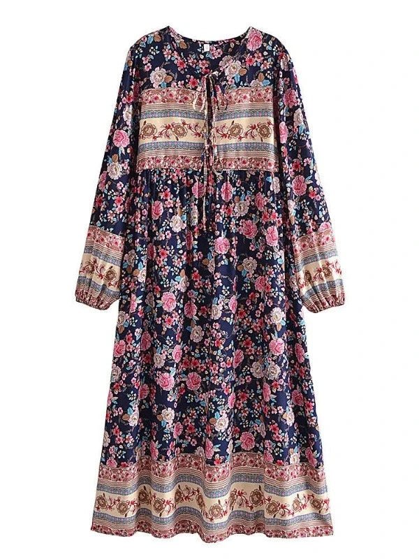 Green Floral O - Neck Boho Long Sleeve Maxi Dress - SHExFAB