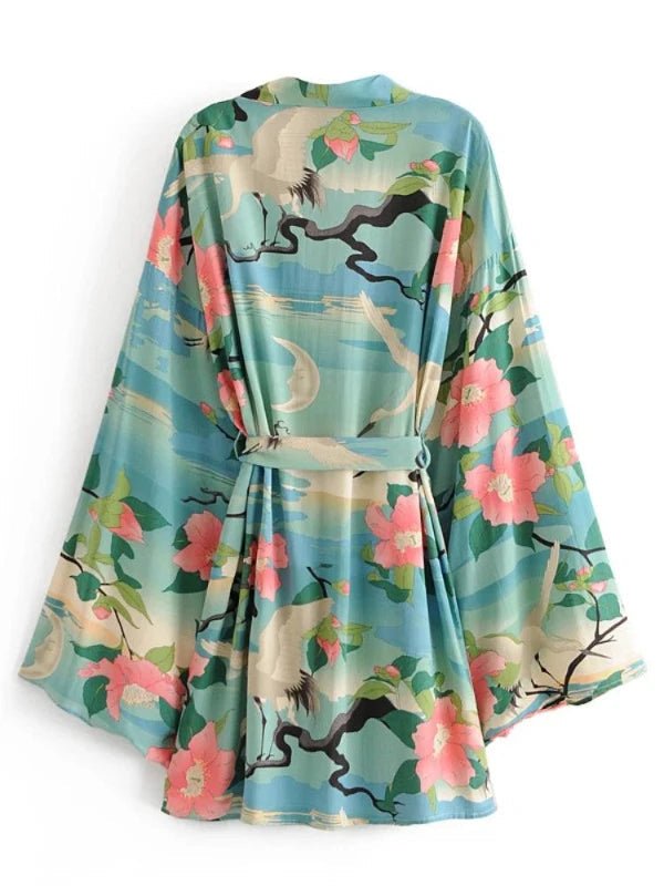 Green Floral Print Batwing Sleeve Bohemian Kimono Robe - SHExFAB