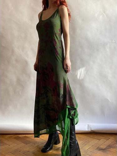 Green Floral Slim Long Mesh Dress - SHExFAB