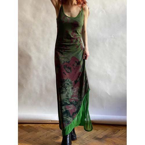 Green Floral Slim Long Mesh Dress - SHExFAB