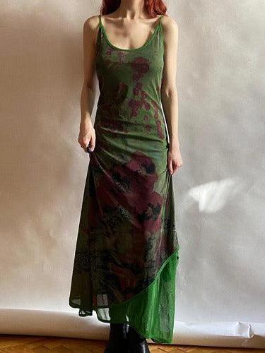 Green Floral Slim Long Mesh Dress - SHExFAB