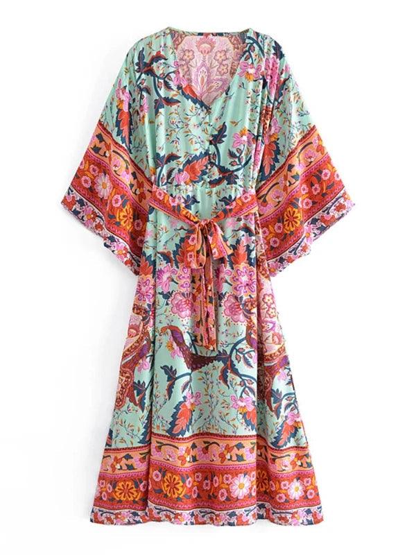 Green Peacock Floral Boho Midi Sdummer Dresses - SHExFAB