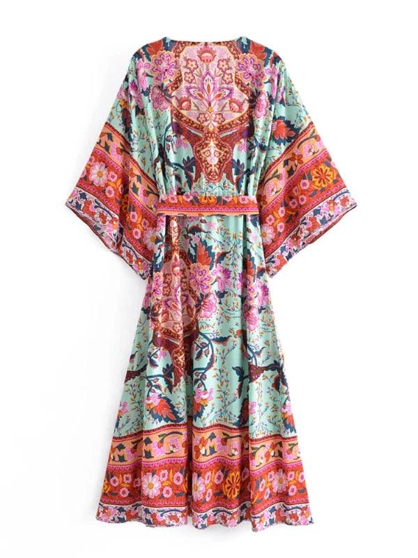 Green Peacock Floral Boho Midi Sdummer Dresses - SHExFAB