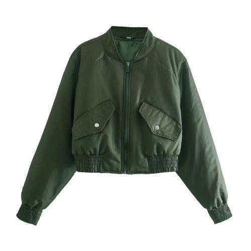 Green Pockets Short Bomber Jacket - SHExFAB