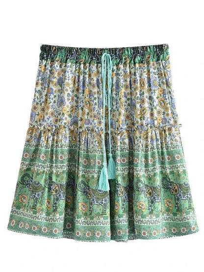 Green Tassel Boho Mini Ruffle Floral Skirt - SHExFAB