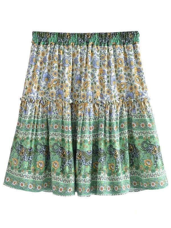 Green Tassel Boho Mini Ruffle Floral Skirt - SHExFAB