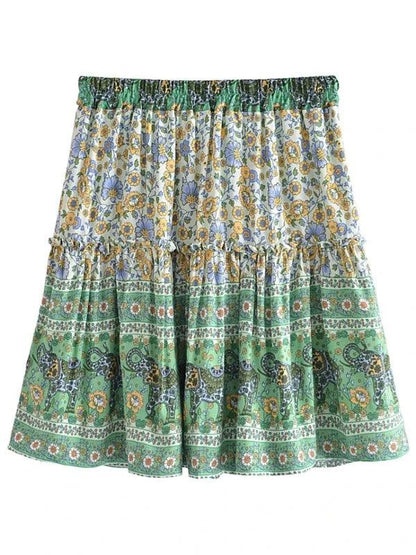 Green Tassel Boho Mini Ruffle Floral Skirt - SHExFAB