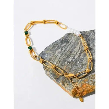 Green Zircon Natural Pearl Link Chain Necklace - SHExFAB