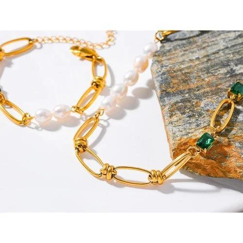 Green Zircon Natural Pearl Link Chain Necklace - SHExFAB