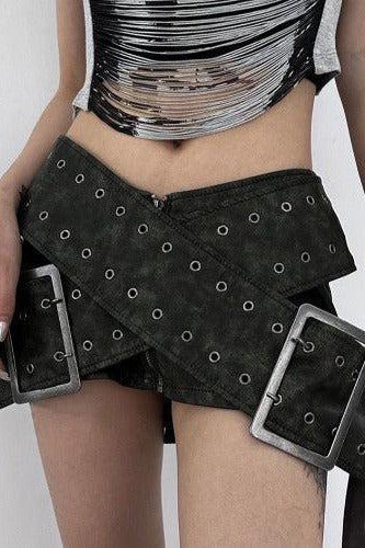 Grunge Double Belt PU Mini Skirt - SHExFAB