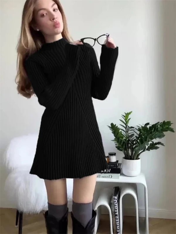 Half Collar Long Sleeved Mini Knitted Dress - SHExFAB