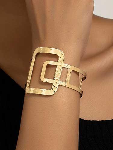 Hallow Geometric Shapes Hammered Cuff Bangle - SHExFAB